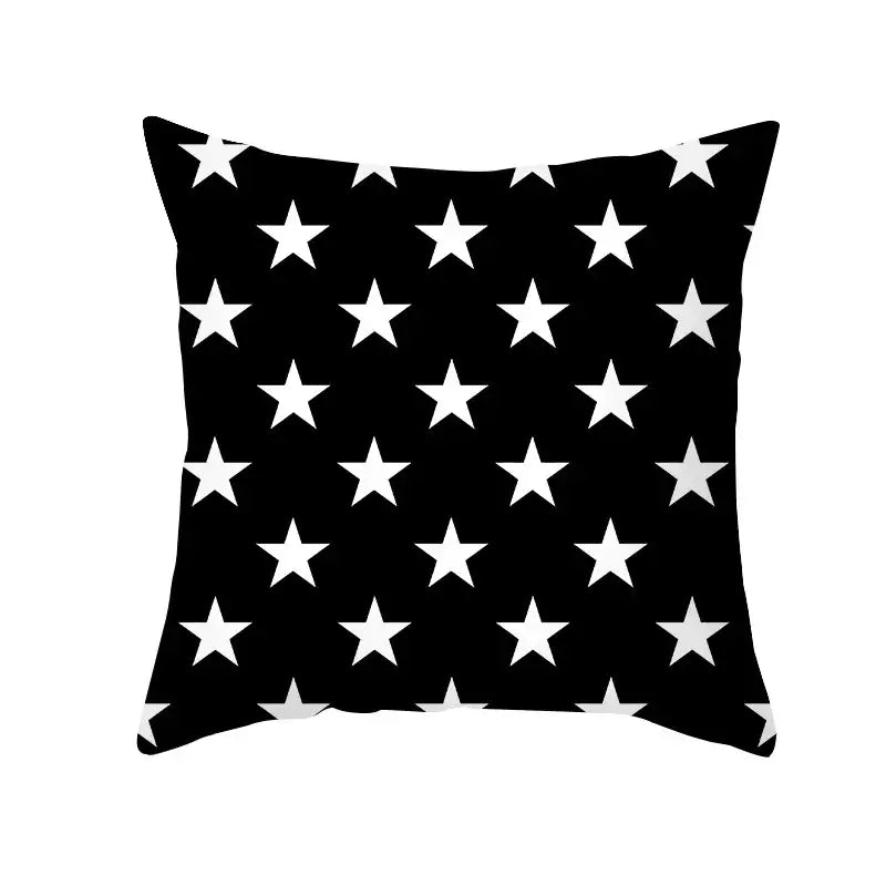 Modern black throw pillow with white star pattern for home decor featuring decorbites black geometry letters style