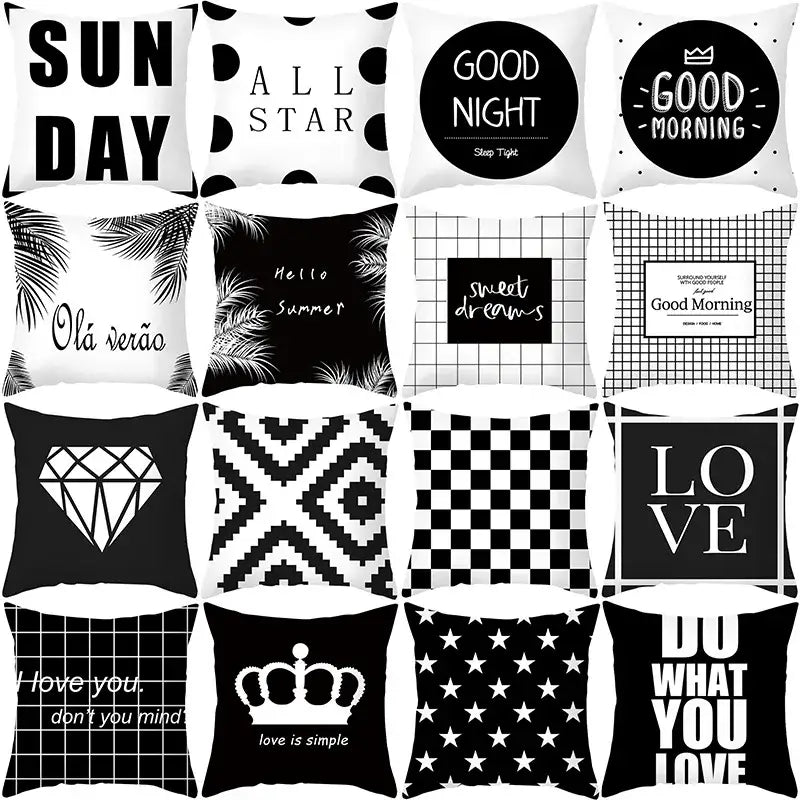 Modern black and white geometry letters cushion cover with bold typography and geometric patterns for home decor