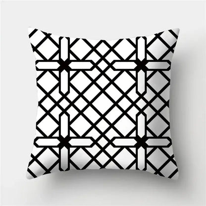 A modern decorbites geometric stripes pillowcase with bold black and white geometric lattice pattern for living room decor
