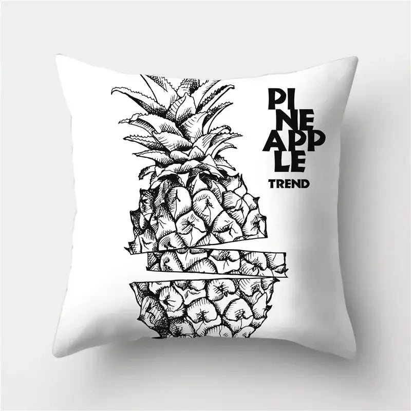 White throw pillow with black pineapple ink illustration and pineapple trend text from decorbites geometric stripes pillowcase collection