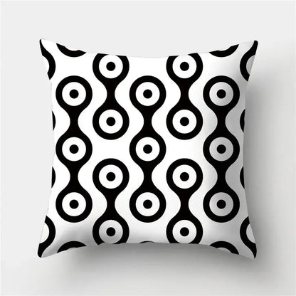 Square throw pillow with bold black and white interconnected circles pattern in decorbites geometric stripes pillowcase design