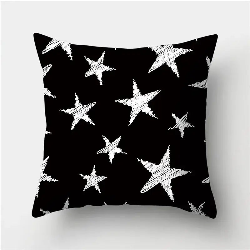 Modern black white & gold geometric stripes pillowcase with black throw pillow featuring white sketch-style stars for decorbites geometric stripes decor