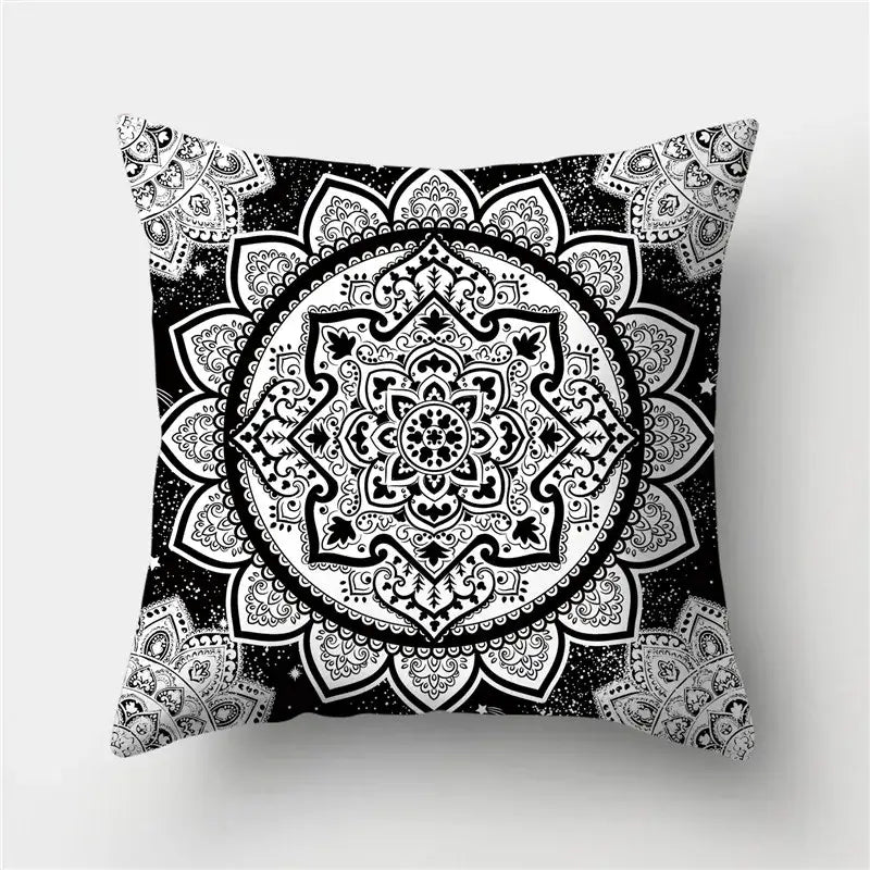 Black and white mandala-patterned throw pillow with intricate symmetrical designs for decorbites geometric stripes decor
