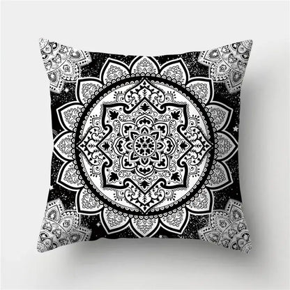 Black and white mandala-patterned throw pillow with intricate symmetrical designs for decorbites geometric stripes decor