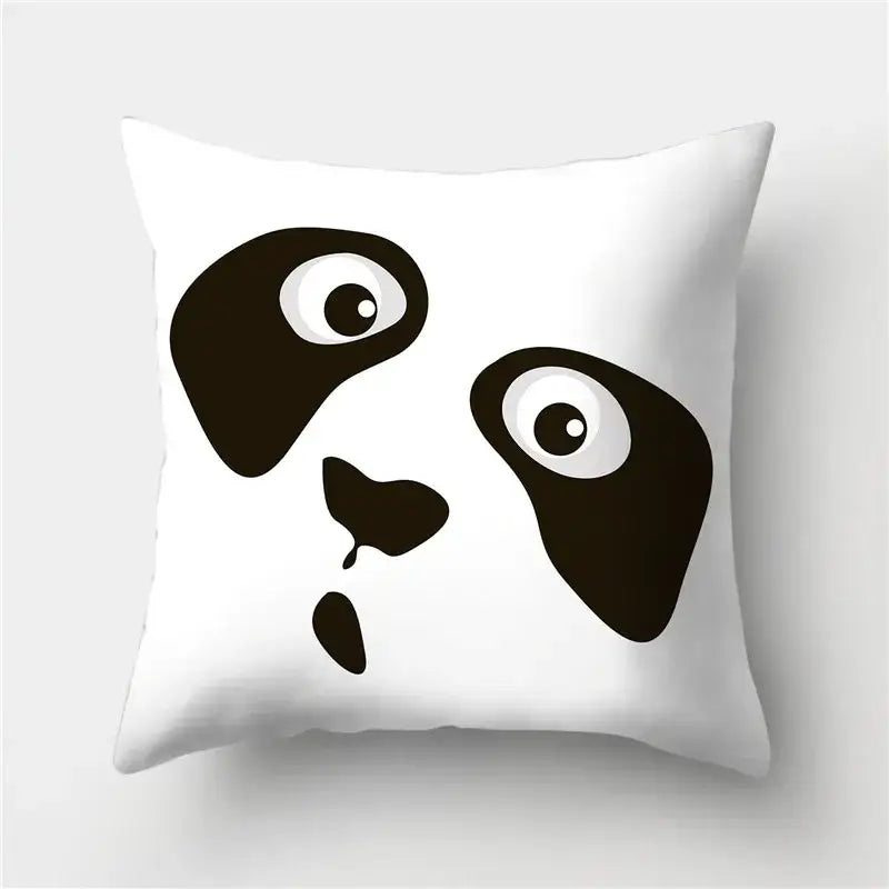 White throw pillow with stylized black panda face featuring large eyes decorbites geometric stripes pillowcase decorbites geometric
