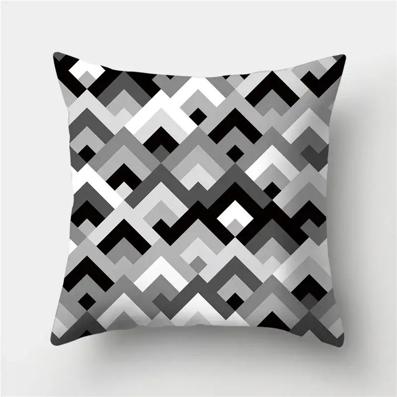 Square throw pillow with bold black white and gray interlocking chevrons geometric stripes pillowcase decorbites geometric stripes