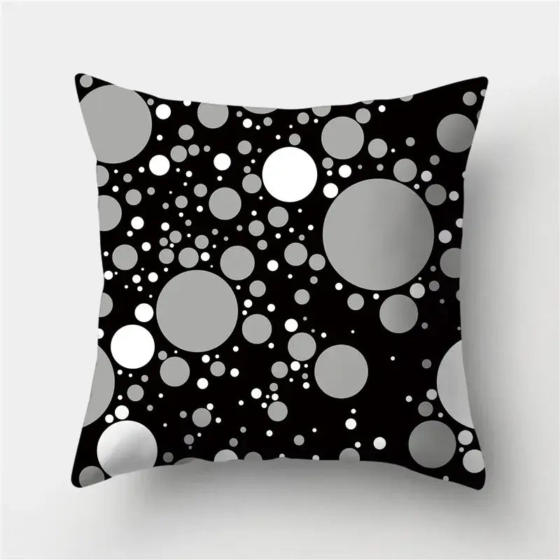 Modern black throw pillow with silver and white circles designed for decorbites geometric stripes pillowcase collection