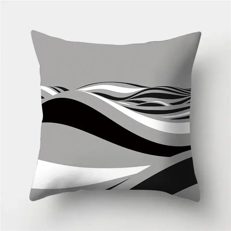 Gray throw pillow with decorbites geometric stripes pillowcase featuring modern black white and silver flowing stripes design