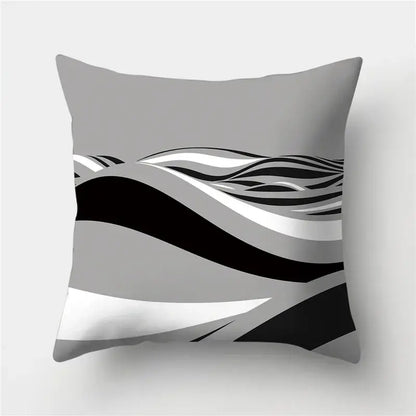 Gray throw pillow with decorbites geometric stripes pillowcase featuring modern black white and silver flowing stripes design