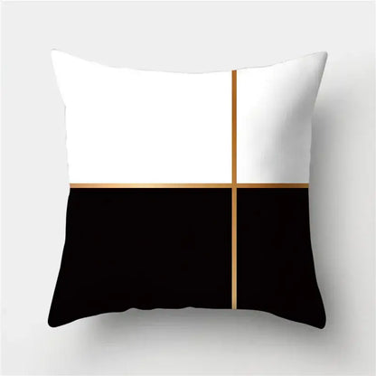 A modern square throw pillow with decorbites geometric stripes in black white and gold for stylish living room decor