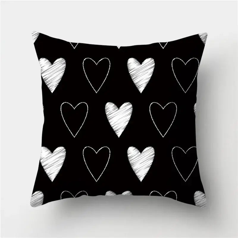 Black throw pillow with white chalk heart patterns complementing decorbites geometric stripes pillowcase for living room decor