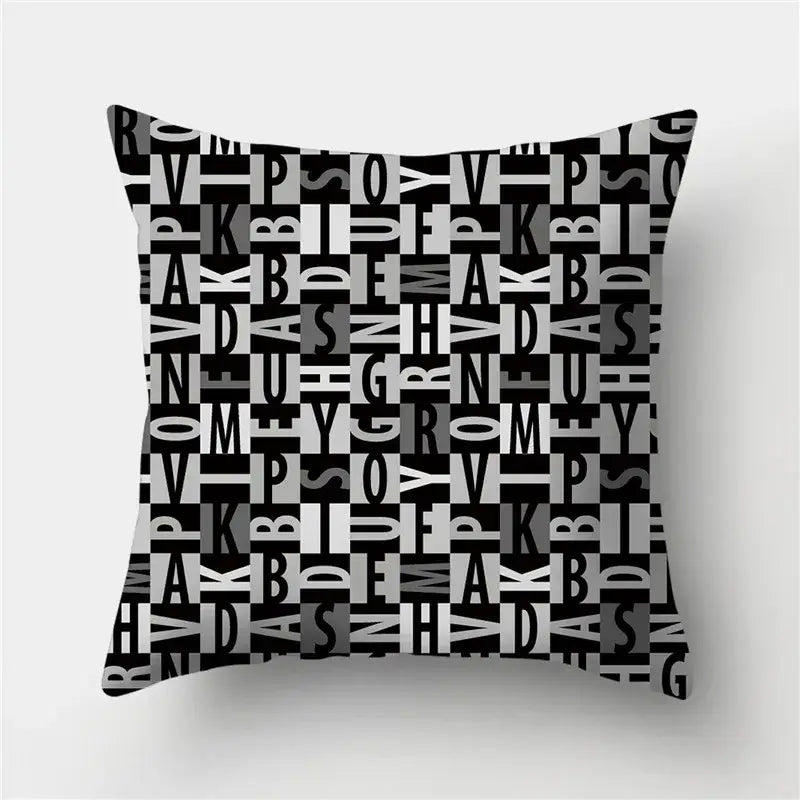 Modern black white and gold geometric stripes pillowcase with bold black and white letter pattern for living room decorbites geometric stripes