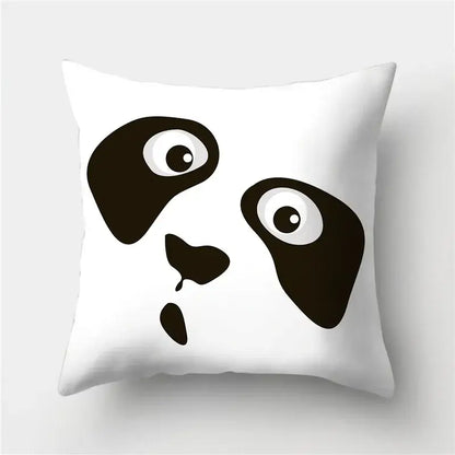 White throw pillow with stylized black panda face featuring decorbites geometric stripes pillowcase design