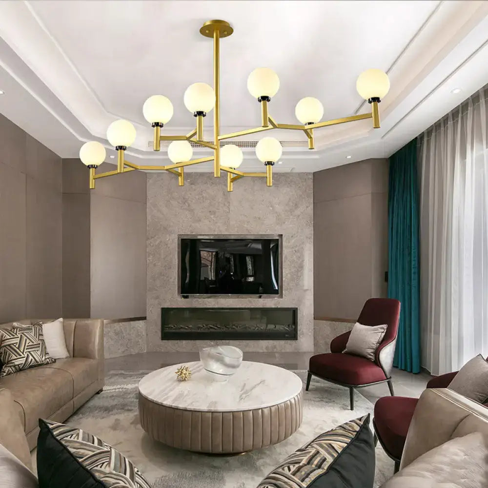 DecorBites™ modern 10-head orbit chandelier pendant with white gold spherical frosted glass globes for living room lighting