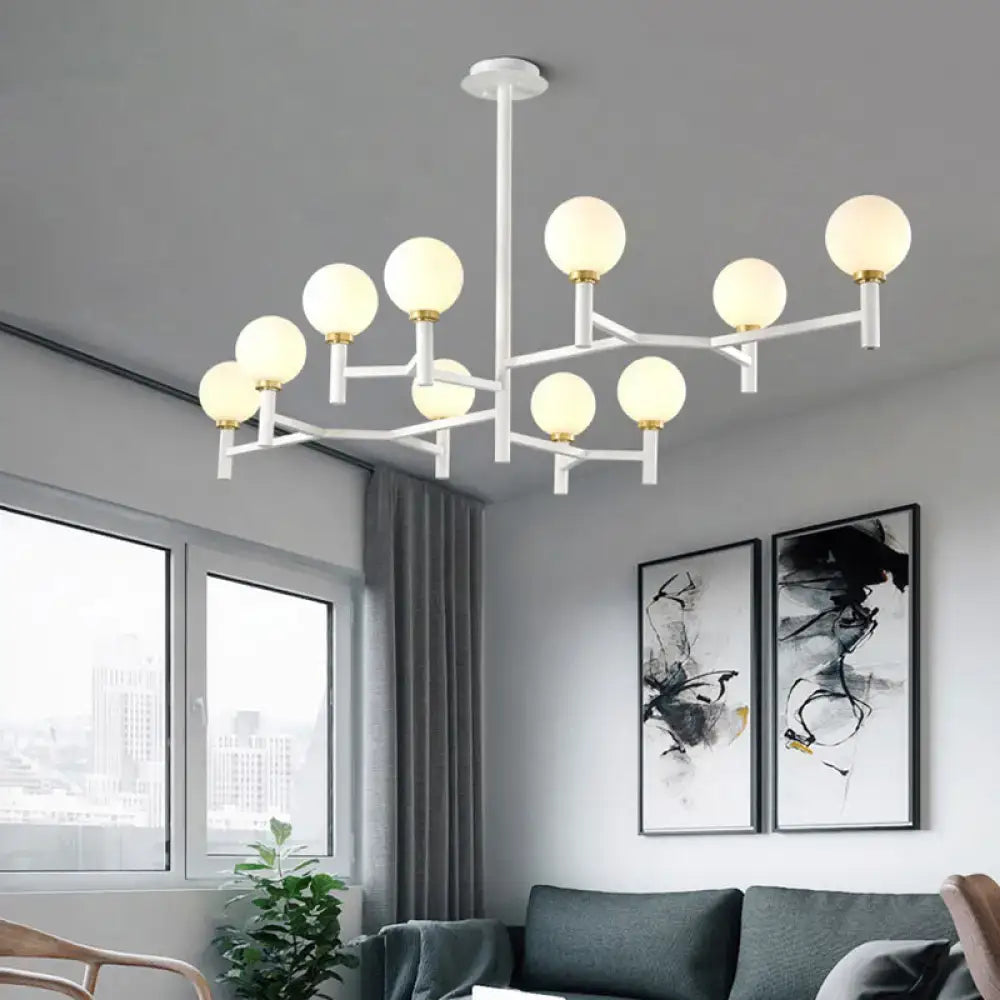 DecorBites modern 10-head orbit chandelier pendant with white glass globes and black white gold accents for living room lighting