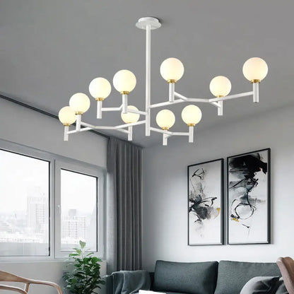 DecorBites modern 10-head orbit chandelier pendant with white glass globes and black white gold accents for living room lighting