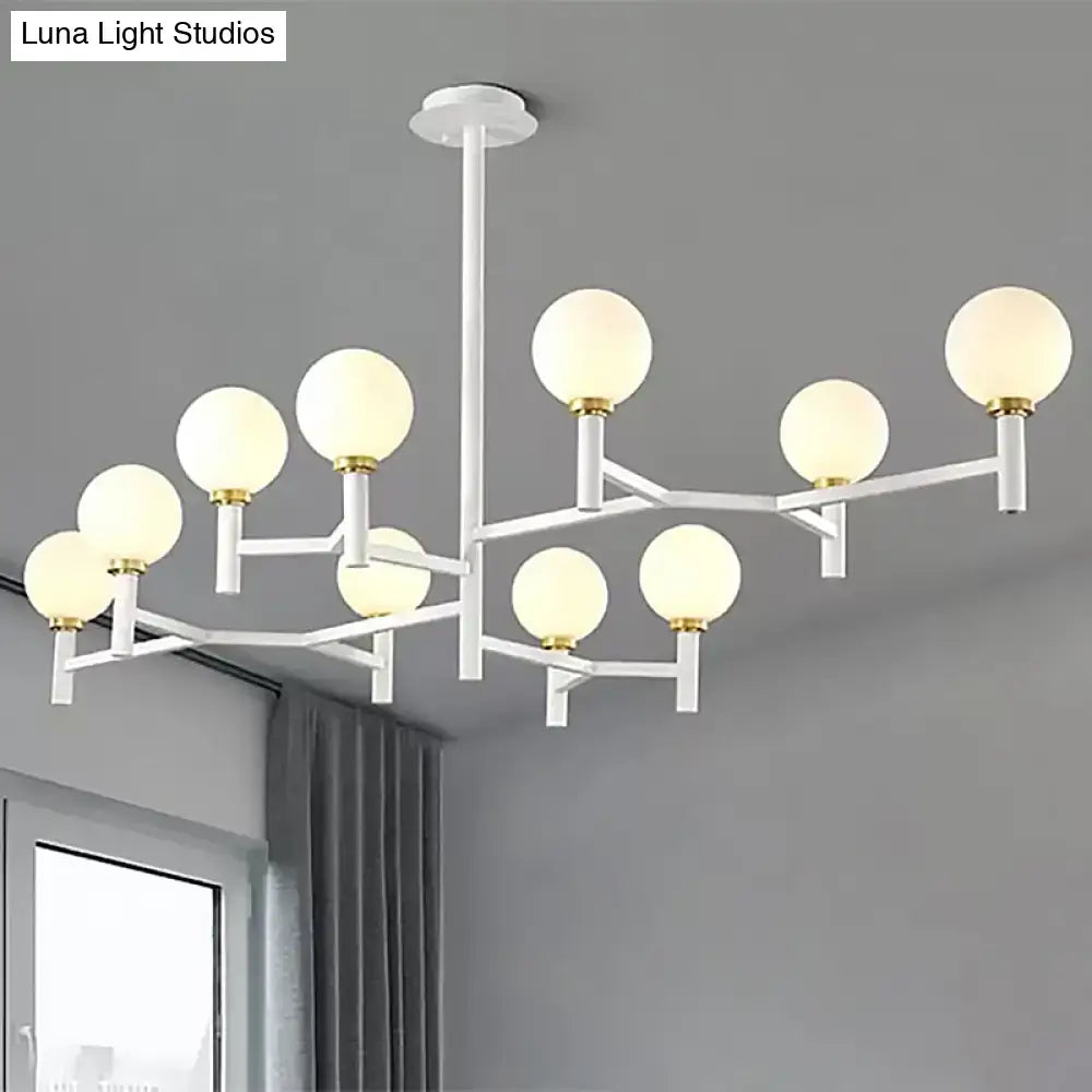 DecorBites modern 10-head orbit chandelier pendant with white glass globes and white gold accents for living room lighting