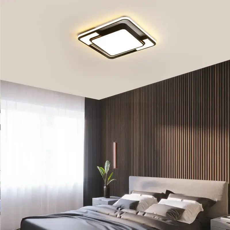 Modern black and white iron body rectangular chandelier with sleek frame and glowing led panel for living room decorbites iron body
