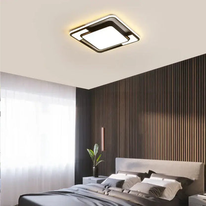 Modern black and white iron body rectangular chandelier with sleek frame and glowing led panel for living room decorbites iron body