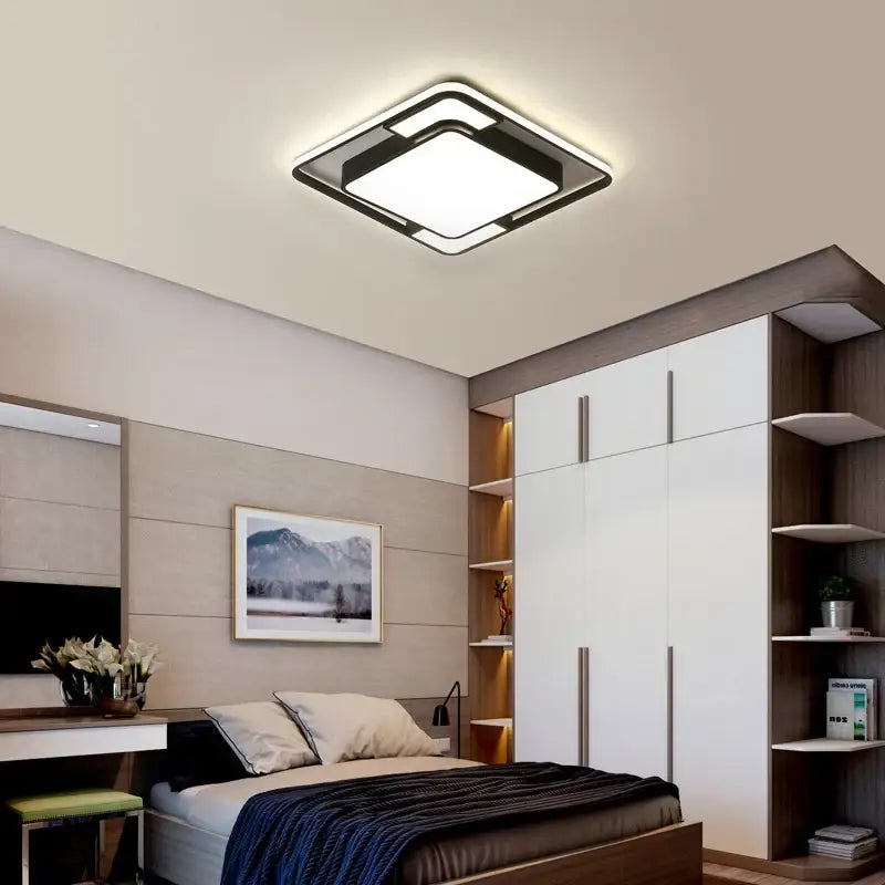 Modern black and white iron body rectangular chandelier with sleek black frame and bright white led panel by decorbites iron body