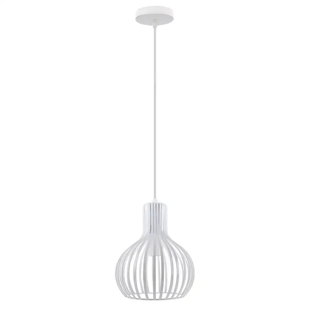 White pendant light with modern slender vertical slats design from decorbites iron cage pendant lights collection