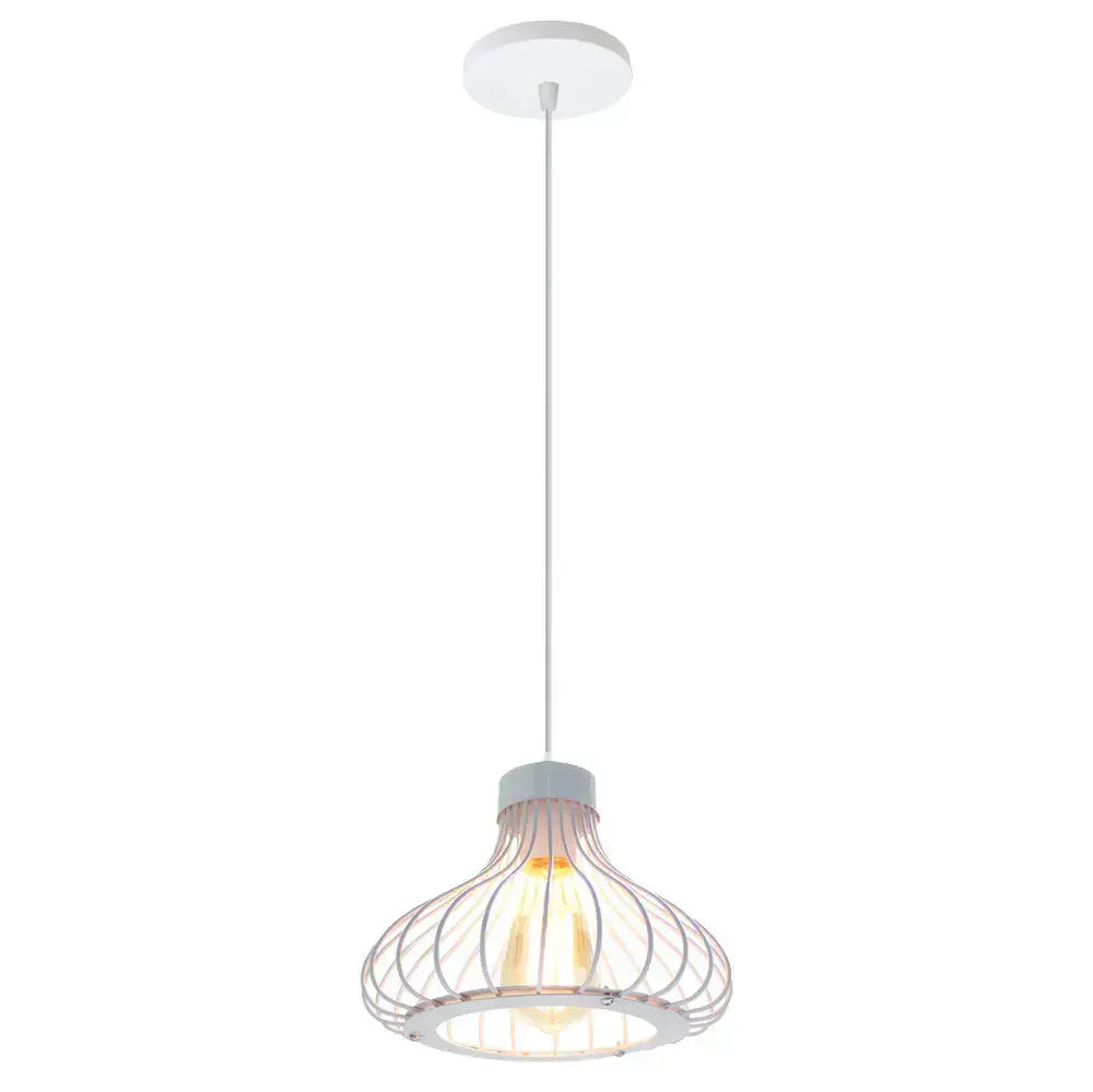 Modern black and white iron cage pendant lights featuring a white wire cage with a warm glowing bulb for kitchen decorbites iron cage pendant