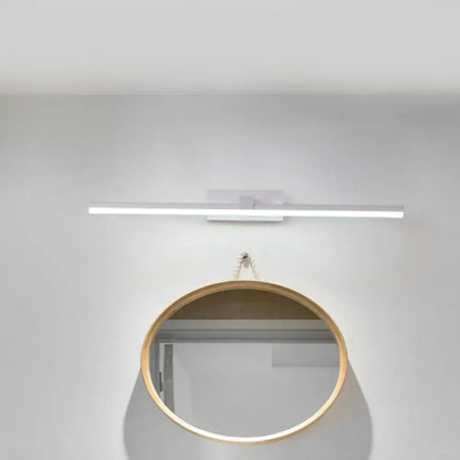 Modern black and white iron stick led mirror light bathroom lamp with sleek white led light fixture and natural wood frame mirror
