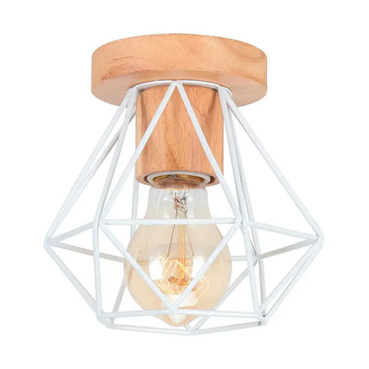 A modern black and white iron wood e27 ceiling light with a white geometric wire cage and wooden base for decorbites iron wood