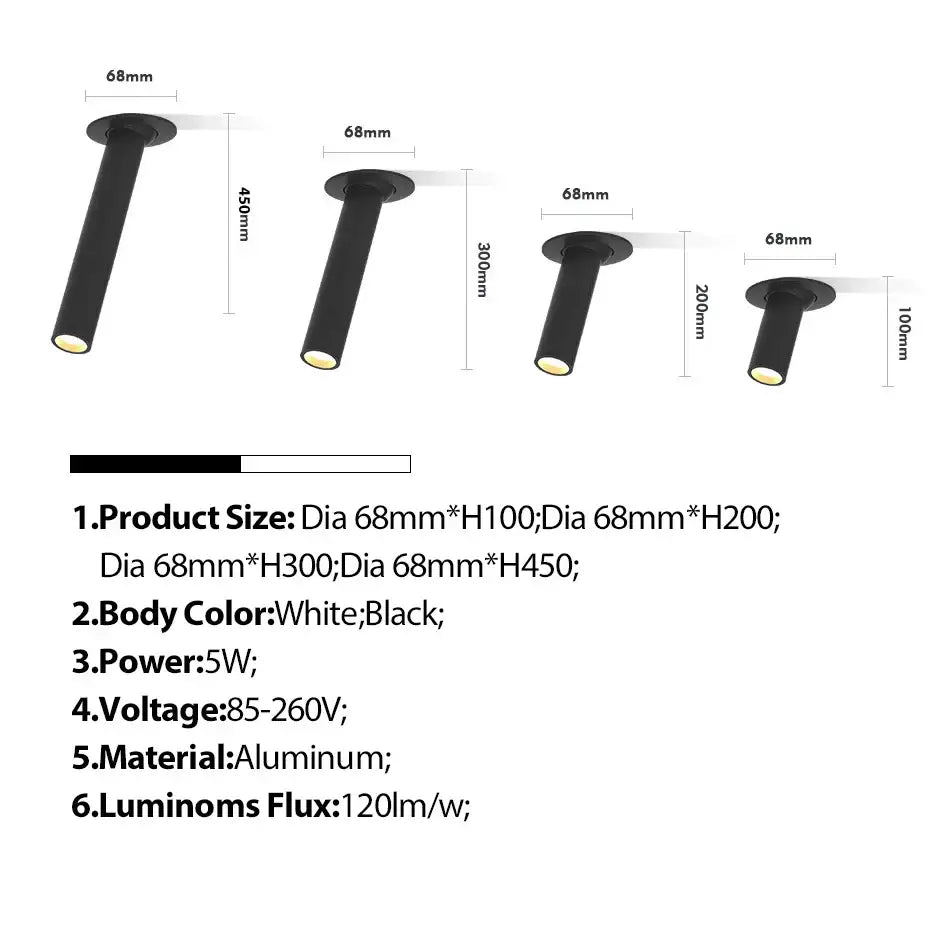 Modern black and white led bar ceiling spotlight with matte aluminum recessed cylindrical lights in various heights
