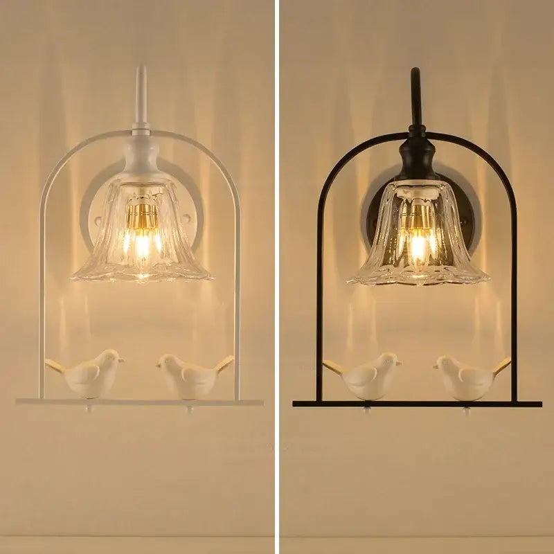 Modern black and white led bird wall sconce with bell-shaped glass shade and ceramic birds by decorbites led bird decor