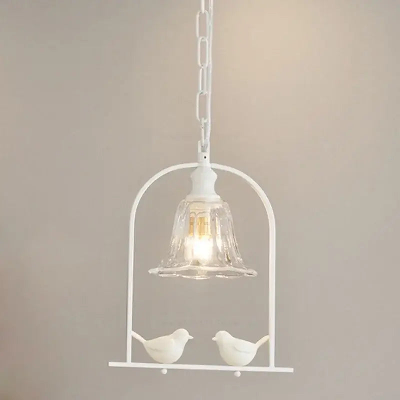 White metal birdcage pendant light with clear glass shade and ceramic birds is a modern decorbites led bird wall sconce