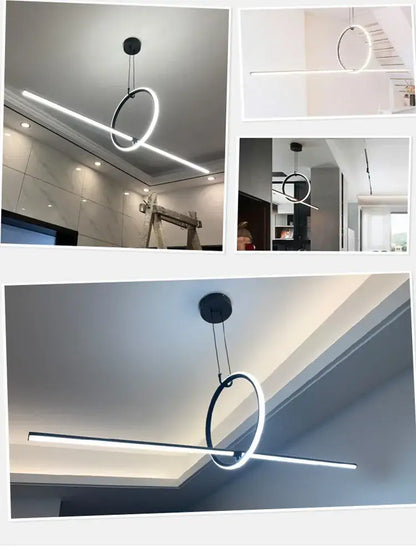 Modern black and white led ceiling chandelier with a sleek circular frame and linear illuminated bar for living room decorbites black led