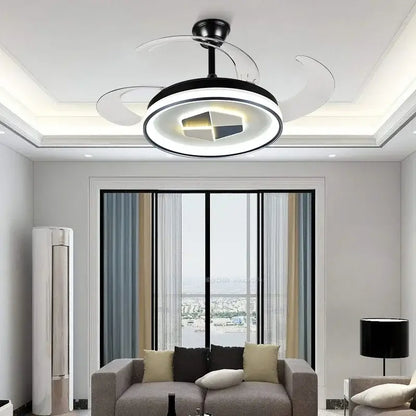 Modern black and white led chandelier ceiling fan with circular design for stylish living room lighting and air circulation