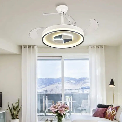 Modern black and white led chandelier ceiling fan with sleek curved blades and integrated led lighting for living room use