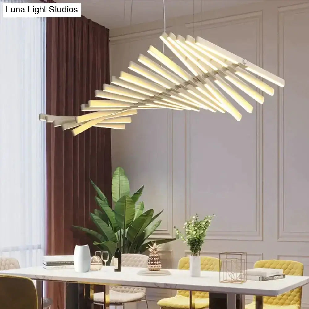 Modern led chandelier by DecorBites with a white geometric fan-like design and angled light bars for nordic loft lighting