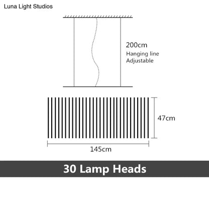 DecorBites modern led chandelier with 30 black and white lamp heads in a minimalist vertical pendant light design