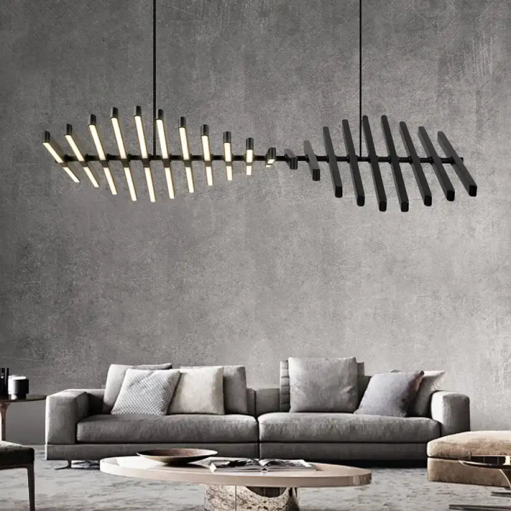 Decorbites™ modern led chandelier lighting featuring a black metal geometric pendant with illuminated vertical bars
