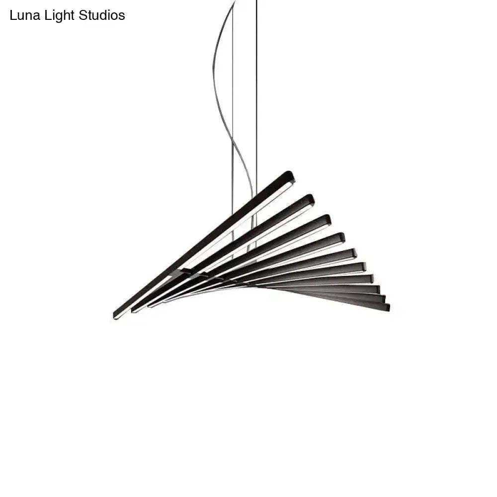 DecorBites modern led chandelier lighting features sleek black pendant with angular led strips in fan-like curve design