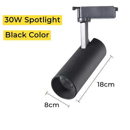 Black 30w track spotlight with cylindrical body and adjustable bracket for modern led linear grille living room lighting