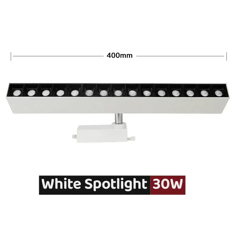 White 30w led linear grille track spotlight with sleek rectangular design and multiple embedded led bulbs for living room use