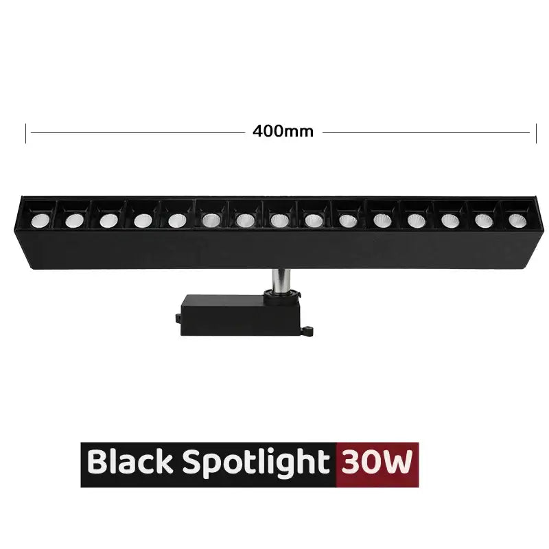 Black 30w led linear grille spotlight with sleek rectangular design and multiple led bulbs for modern living room lighting