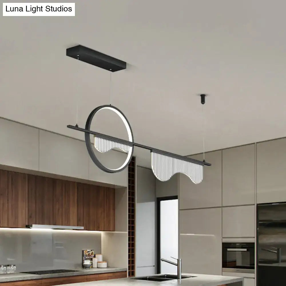 DecorBites™ contemporary black metal island pendant with acrylic wavy circular ring design and linear down lighting