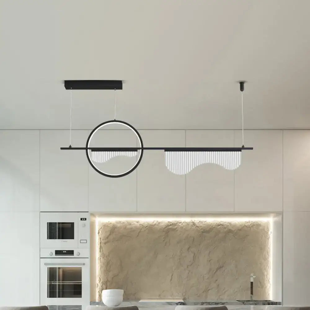 DecorBites™ contemporary black metal island pendant with white acrylic wavy design and cascading vertical led strips