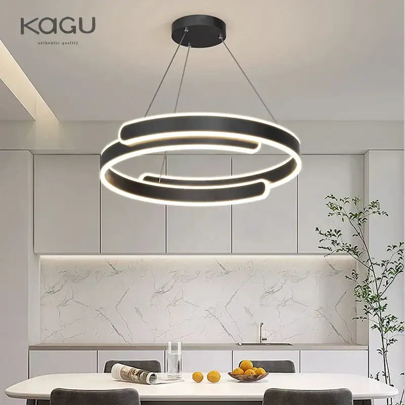 Modern black white led pendant light featuring circular glowing rings for stylish living room decorbites black white decor