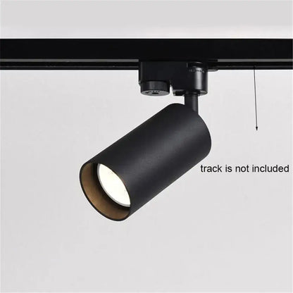 Modern black white led track lamps with matte black cylindrical design and illuminated white bulb for clothing store spotlight decorbites black white