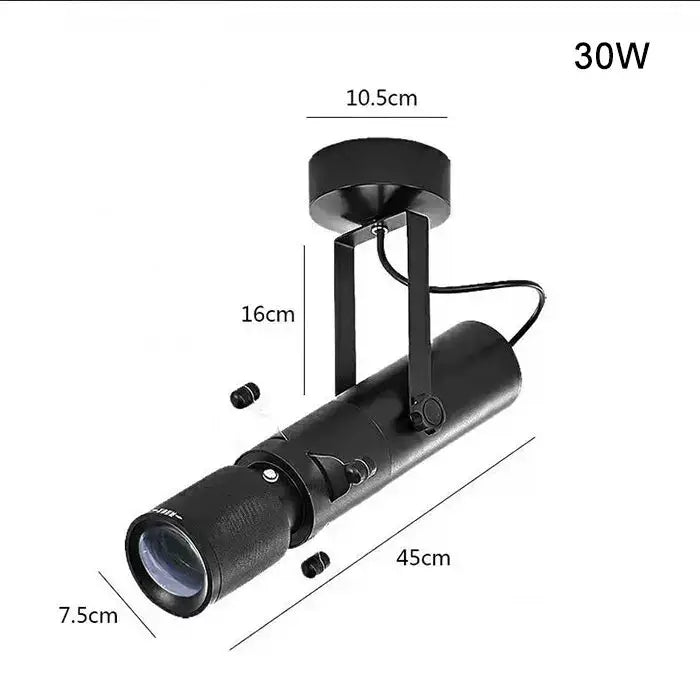 Modern black and white led track light featuring a black 30w adjustable matte spotlight with a mounting bracket