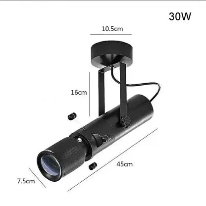 Modern black and white led track light featuring a black 30w adjustable matte spotlight with a mounting bracket