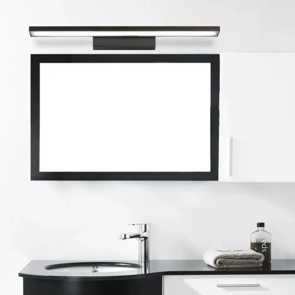Black-framed rectangular bathroom mirror with a slim led vanity lamp light fixture in black white modern design