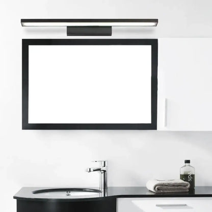 Black-framed rectangular bathroom mirror with a slim led vanity lamp light fixture in black white modern design