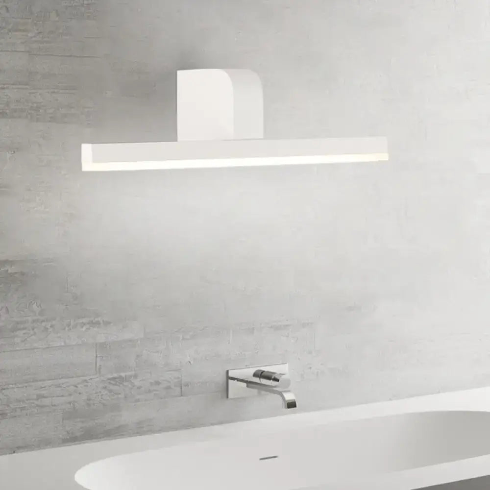 Modern black white led vanity light featuring a sleek white rectangular wall-mounted design for bathroom use